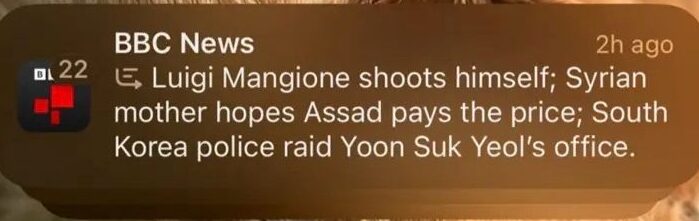 Screen capture of Apple Intelligence false headline attributed to the BBC.